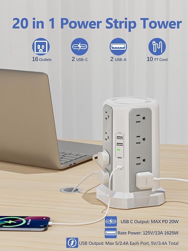 Surge Protector Power Strip Tower, 10FT Long Extension Cord - Image 2