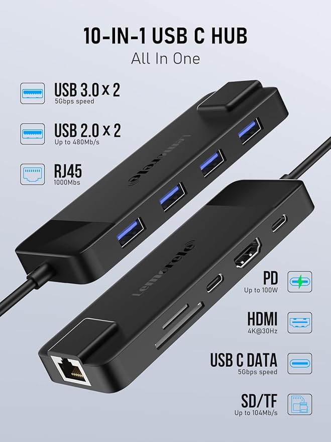 Lemorele USB C Hub Multiport Adapter 10-in-1 USB C Dongle - Image 2