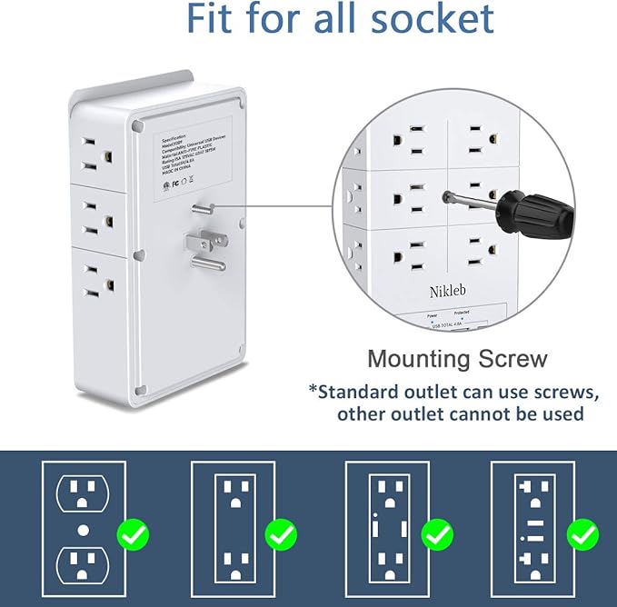Surge Protector Nikleb 2-Pack, Wall Charger Box Multiports Total 4.8A, - Image 4