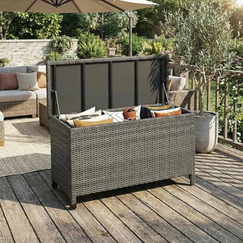 wicker deck box, 185 gallon all-weather outdoor storage, side view