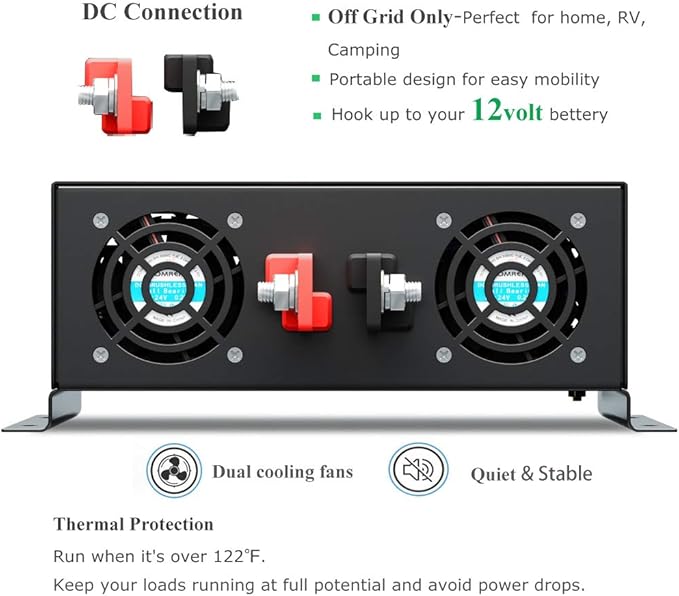 WZRELB 3500W 12VDC 120VAC Pure Sine Wave Power Inverter, 2 AC Outlets, Wired - Image 4