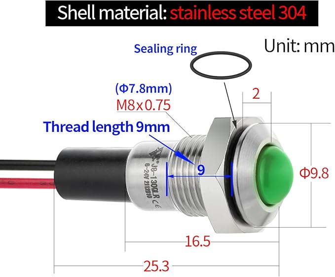 ZGSZJHF 8mm Indicator Light 0.31" Waterproof IP67 Metal Stainless Steel Signal - Image 6