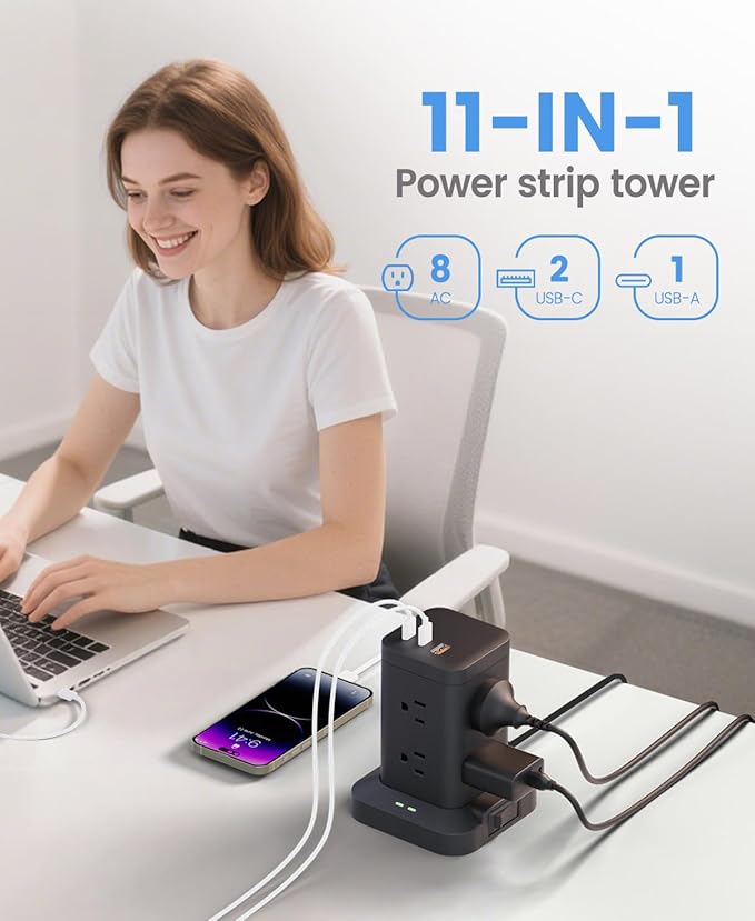 Power Strip Tower with Surge Protector 1800J, Fast Charging Tower PD20W USB-C - Image 3