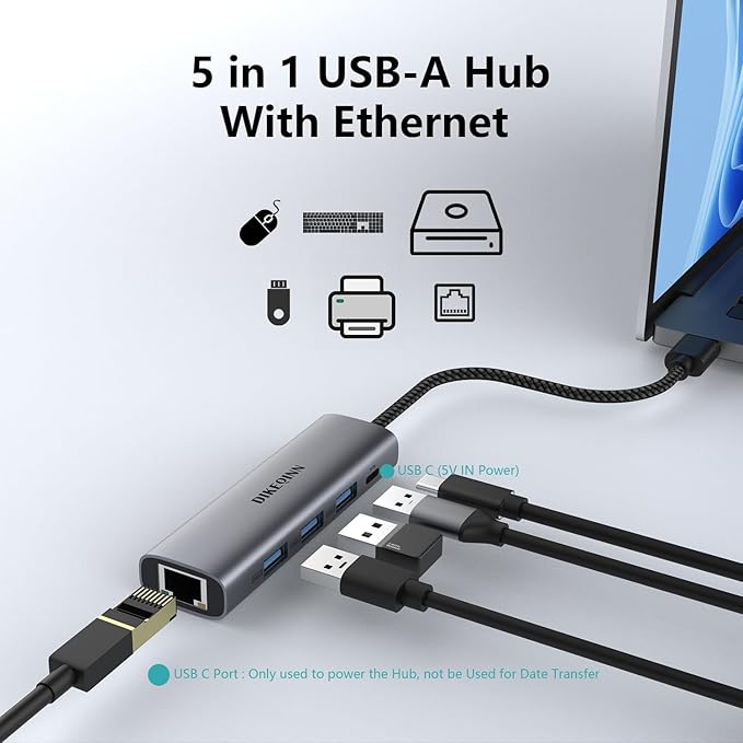 DIKEQINN 5-in-1 USB Hub with Gigabit Ethernet Ports and 3 USB 3.0 Ports - Image 6