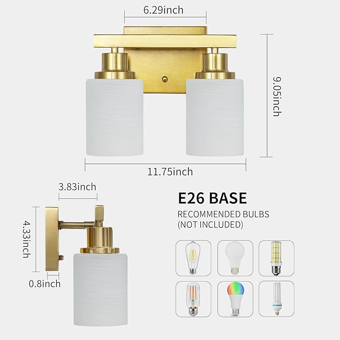 DIKAIDA Gold Bathroom Light Fixtures Over Mirror, 2-Light Modern Vanity Lights - Image 3