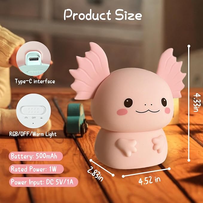 Axolotl Gifts Night Light for Kids, Cute Silicone Nursery Axolotl Lamp for Baby - Image 7