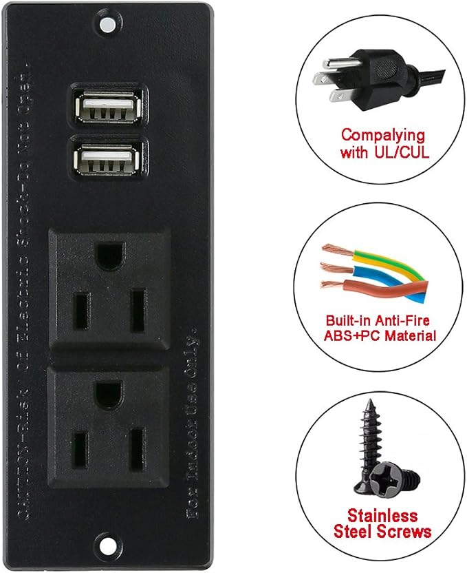 Desktop Power Strip with 2 Outlets 2 USB 2.1A Insert Mounting Built in Desk - Image 4