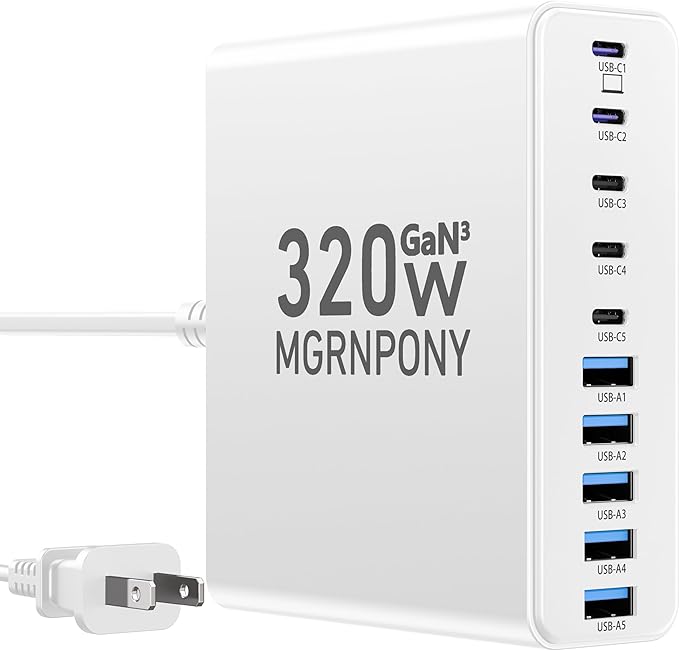 320W USB C Charger Block, 10-Port USB C Charging Station GaN III PD 65W Laptop by MGRNPONY
