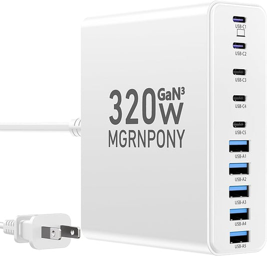 320W USB C Charger Block, 10-Port USB C Charging Station GaN III PD 65W Laptop by MGRNPONY