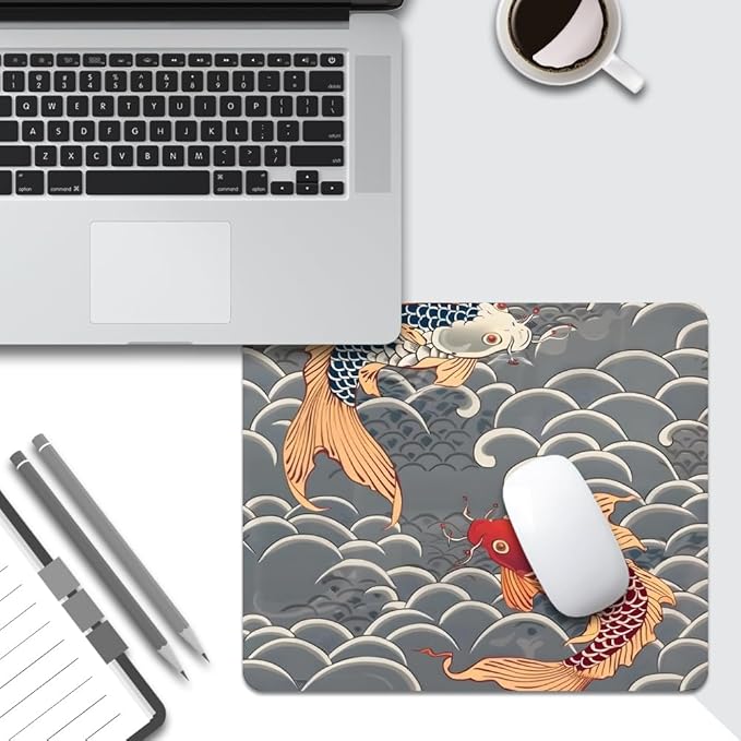 Koi Fish Japanese Tattoo Square Mouse pad, Waterproof, Anti Slip Rubber Base - Image 5