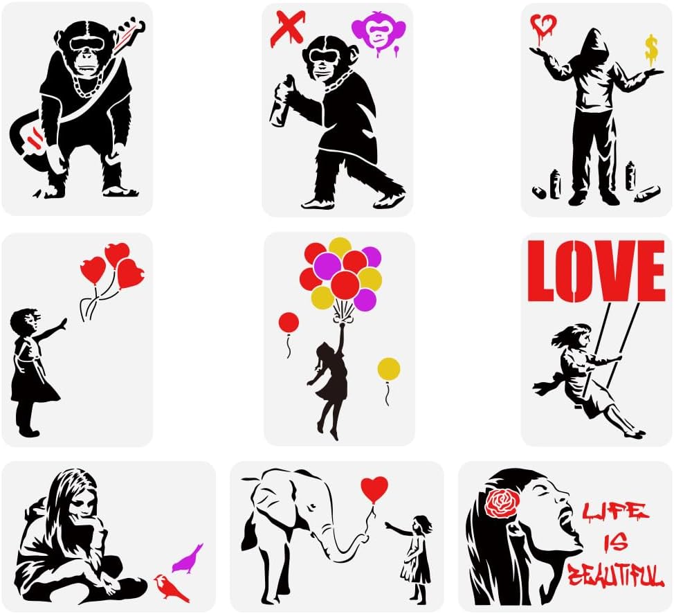 FINGERINSPIRE 9 pcs Banksy Painting Stencil 8.3x11.7inch Reusable Banksy Girl Boy Chimpanzee Pattern Drawing Template Life is Beautiful Decoration Stencil for Painting on Wood Wall Fabric Furniture
