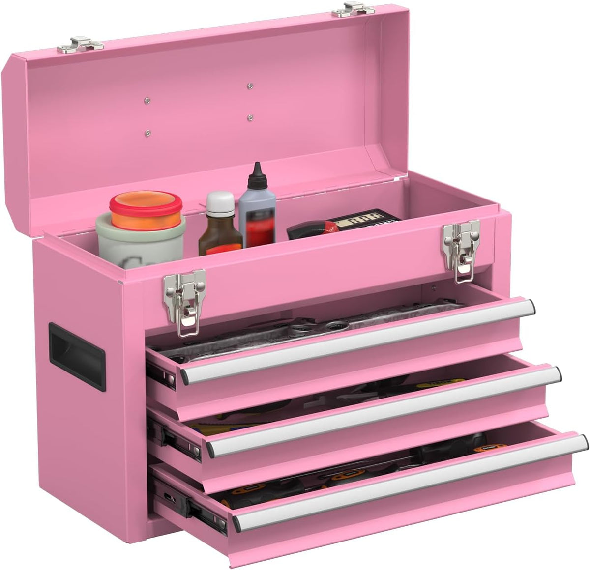 portable metal tool box with drawers, latches tool, main product view