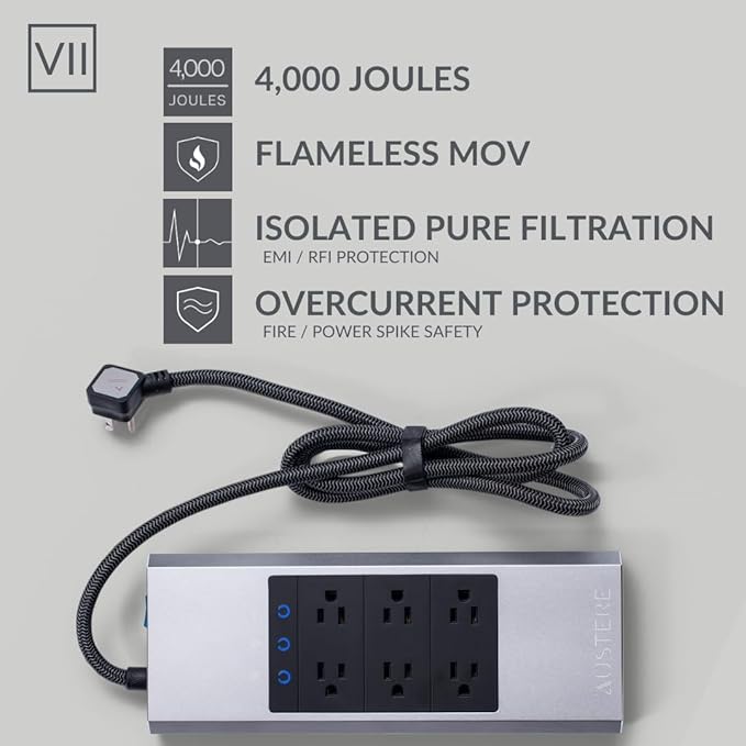 Austere VII Series, 6 Outlet Surge Protector Power Strip, 4000 Joules, Isolated - Image 4