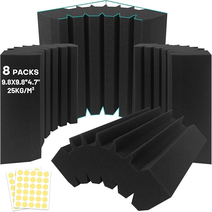 8 Pack - Bass Traps Acoustic Foam Corner, 9.8x9.8 * 4.7'' Black Bass Traps by Knightsacoustic