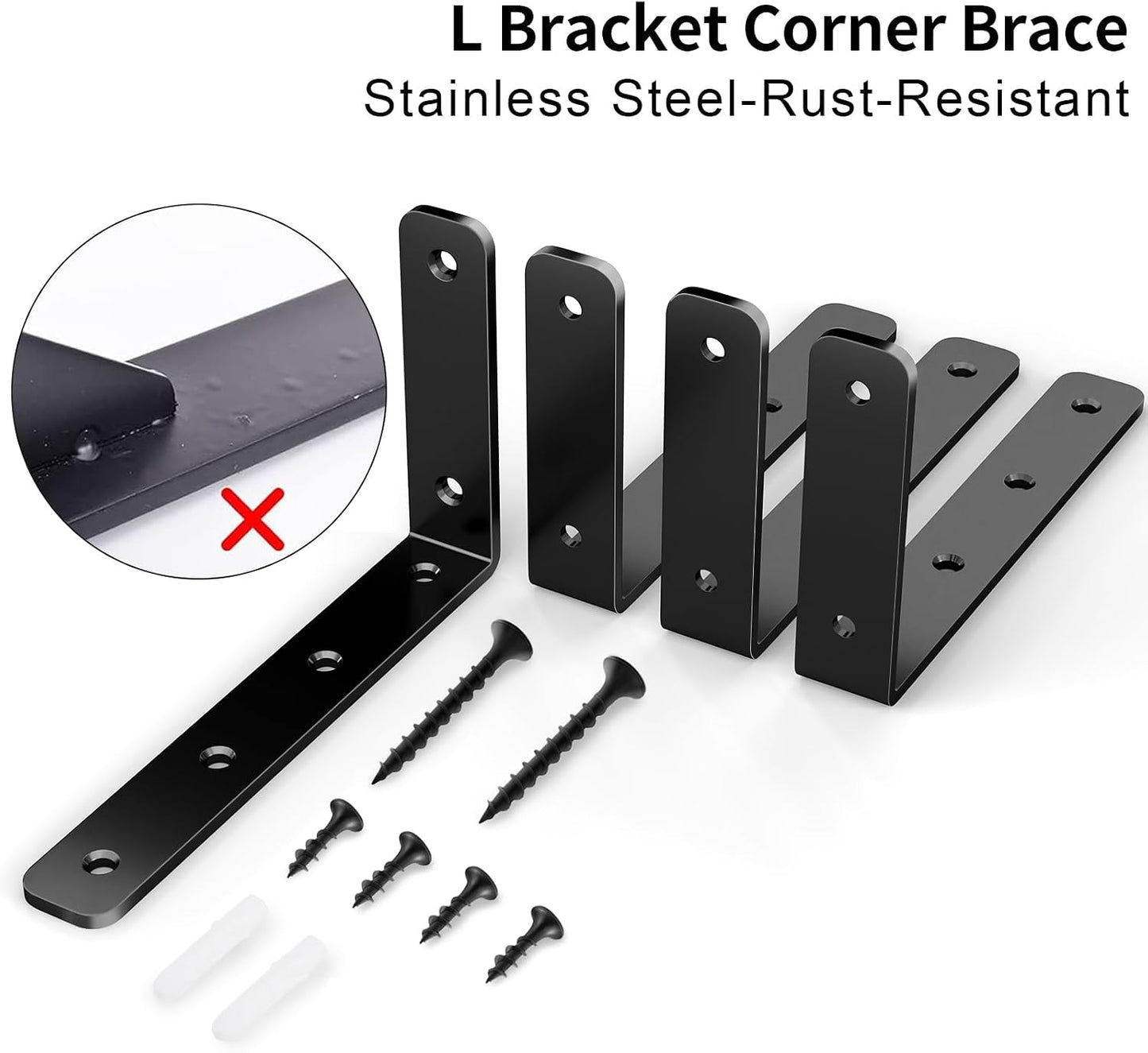 Heavy Duty L Bracket, 5 x 3 Inch Corner Brace, Black, 4 Pack | 3mm Thick Stainless Steel, 35 LB Load Capacity, Precision 90° Angle, Easy Installation, Includes Hardware