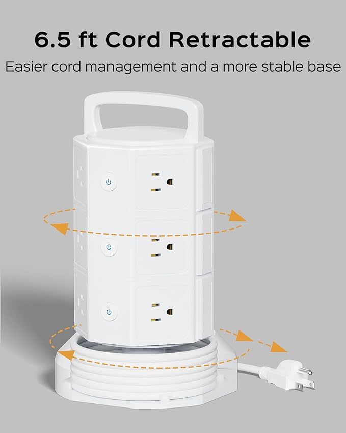 Power Strip Tower Surge Protector, JACKYLED 12 Outlets 6 USB Charging Station - Image 3