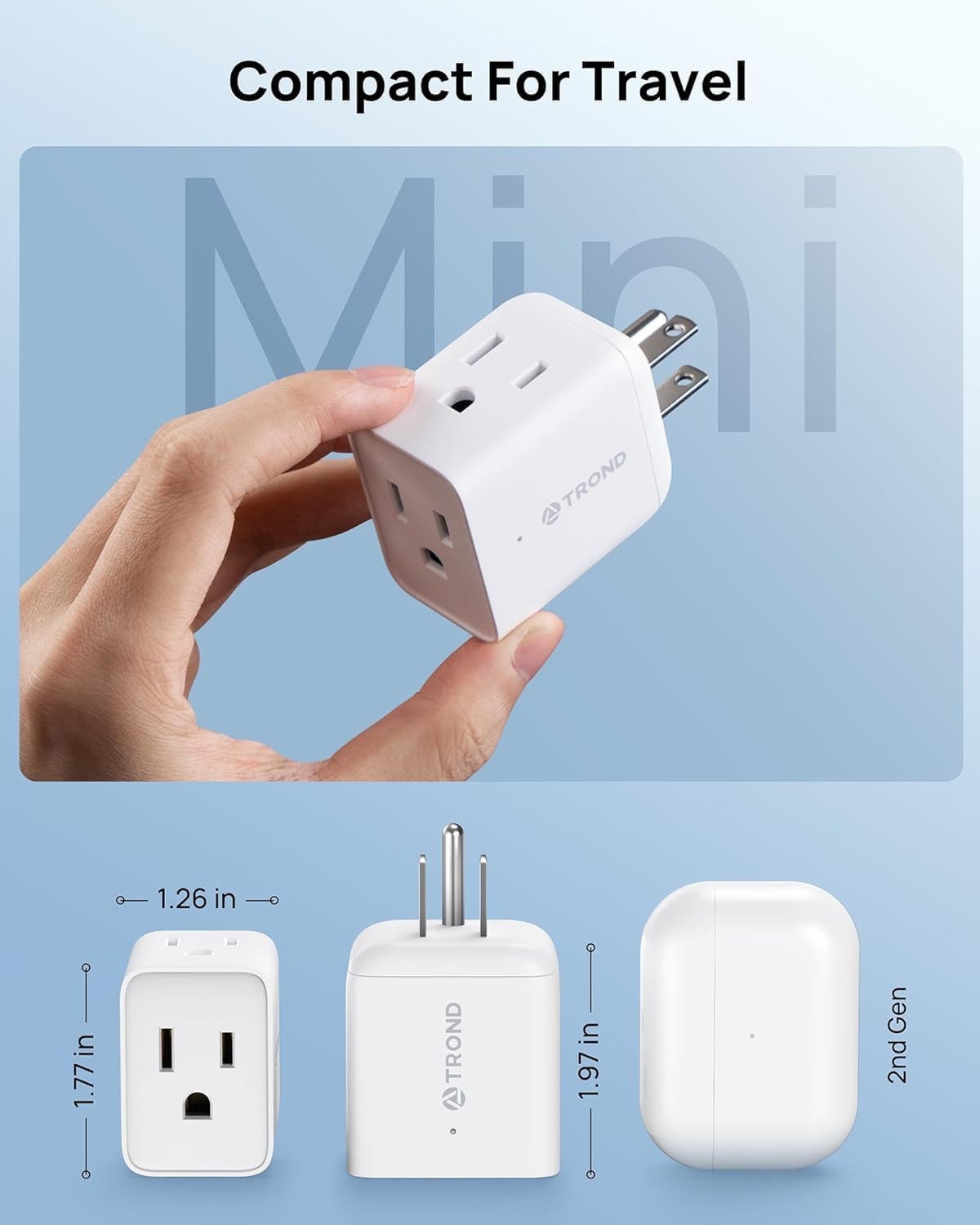 TROND Multi Plug Wall Outlet Extender 2 Pack, Small Outlet Splitter, White | ETL Listed 3 Way Plug Extender Fit Large Adapter, Multiple Wall Expander for Cruise Travel Home Kitchen Bathroom Tight Space