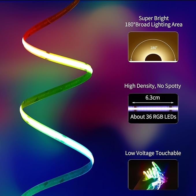 BUNACET 20FT LED Strip Lights COB Smart IC, 24V RGB LED Lights - Image 3
