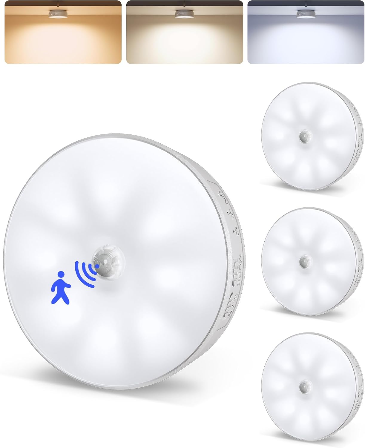 EZVALO 4 Pack Motion Sensor Closet Lights, 1200mAh USB-C Rechargeable LED Puck Lights, Motion Sensor Light Indoor, Under Cabinet Lights, Dimmable, 3 Color Temps, Magnetic, Stick-On for Closet, Pantry