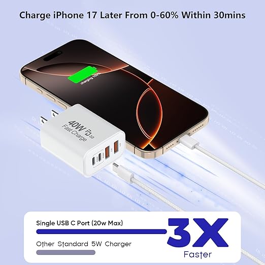 10Foot USB C-C Woven Fast Charging Cable, Apple 40W 4 Port USB C Wall Charger - Image 2