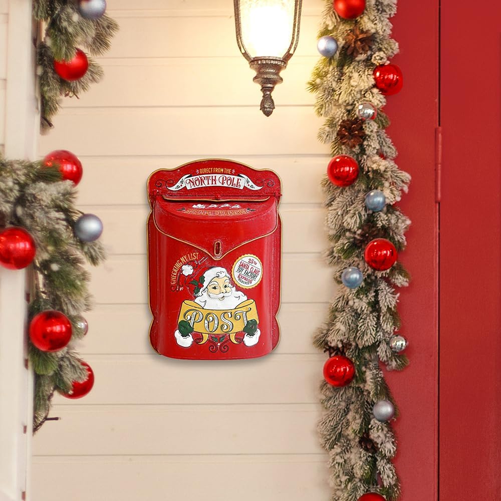 Xmas Letters to Santa Mailbox Wall Mount Christmas Mail Boxes for House Outside Metal North Pole Post Box Vintage Red Christmas Home Decor