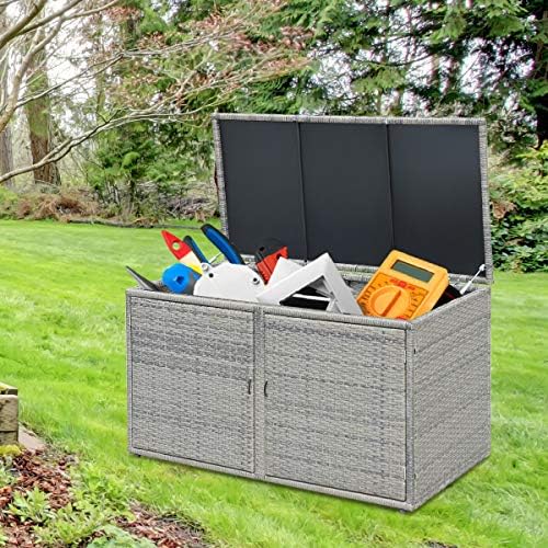 tangkula outdoor wicker storage box, garden deck bin showing dimensions