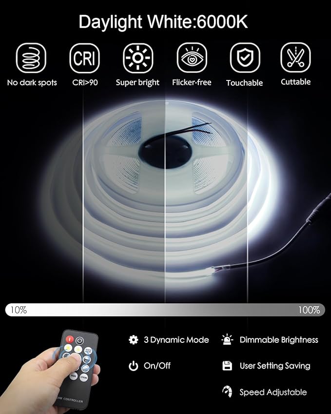 ALITOVE 32.8ft COB Led Strip Light White 6500K Super Bright 24V LED Strip Lights - Image 2
