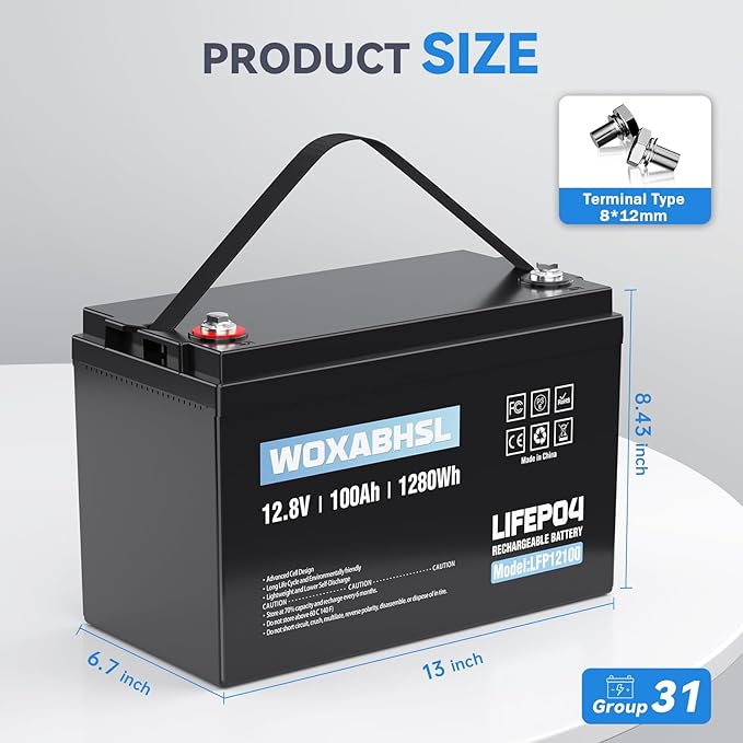 WOXABHSL 12V 100Ah LiFePO4 Lithium Battery, 10 Year Lifespan, Built-in 100A BMS - Image 2