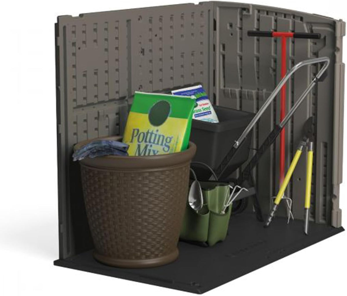 suncast 34 cu ft horizontal storage shed, resin on a desk or shelf