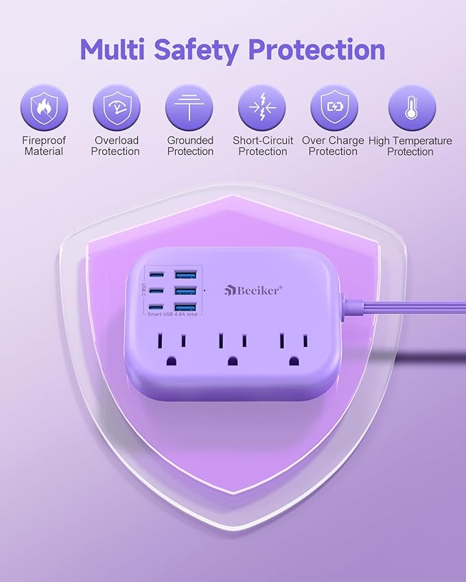 6 USB Purple Travel Power Strip- 5Ft Purple Extension Cord - Image 6