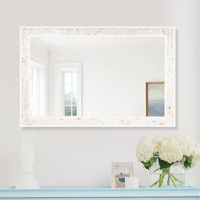 Tanmicoshomy 26 x 40 Inch Rectangle Wall Mirror, Natural Shell Framed - Image 2