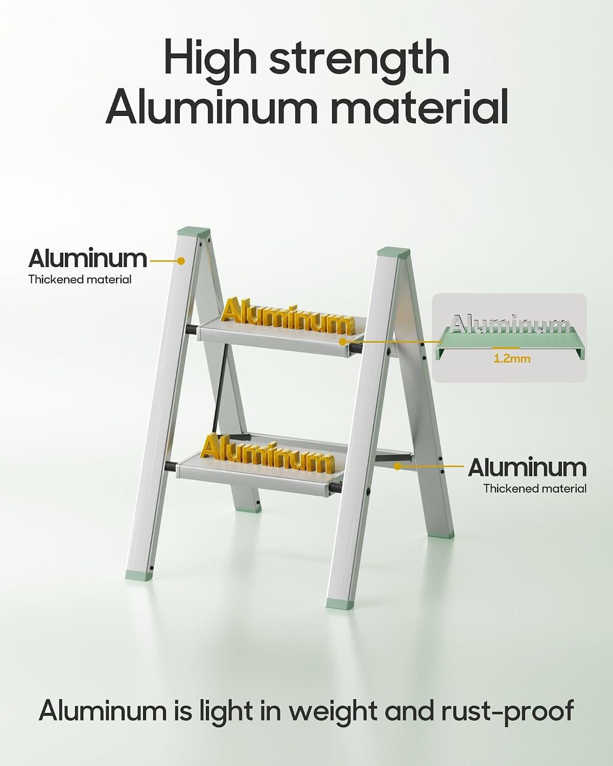 HillhutApex Aluminum Step Stool Foldable,2 Step Ladder (Pale Green) | Lightweight Portable step ladder with Anti-Slip Wide Pedal,330lbs Capacity Ladder for Household,Office,Kitchen