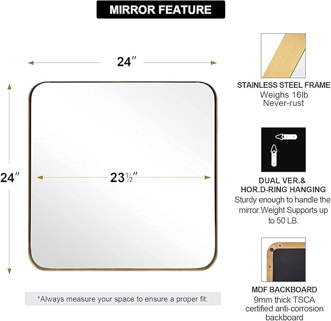 ANDY STAR Square Wall Mirror for Bathroom, 24”x24” Brushed Gold Bathroom Mirror - Image 5