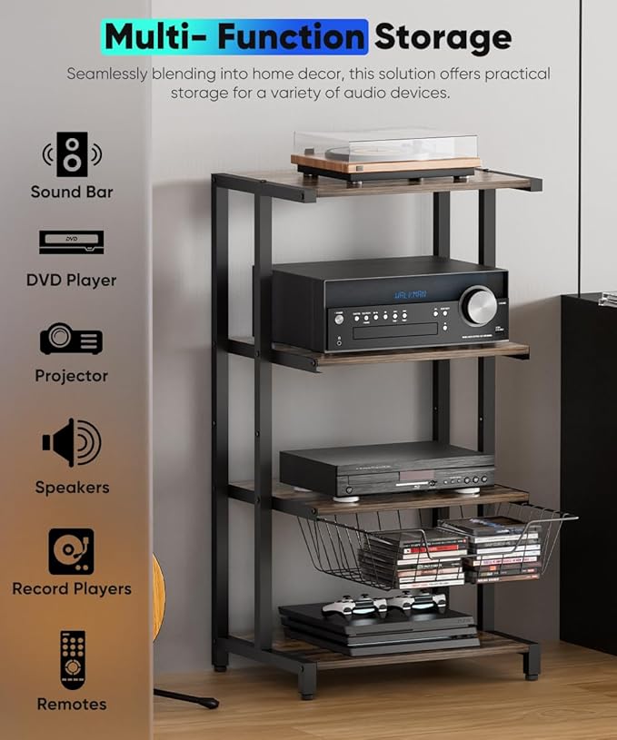Ardier Media Stand with Detachable Baskets, 4-Tier AV Media Stand Corner Shelf - Image 4