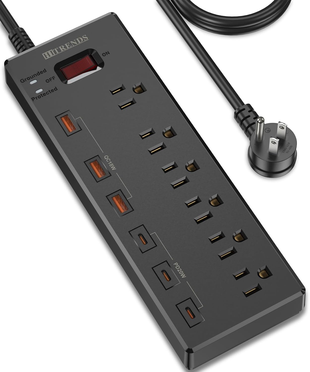 Power Strip, HITRENDS Surge Protector with 6 AC Outlets & 6 USB Ports (3 USB-C & 3 USB-A), 20W PD Fast Charging USB-C, 6 Ft Flat Plug Extension Cord with Multiple Outlet, 1625W/13A, for Home Office