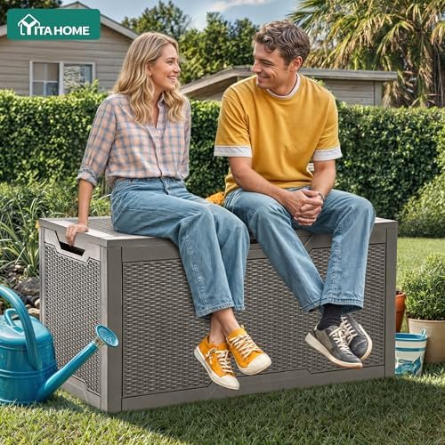 yitahome 100 gallon resin deck box showing dimensions