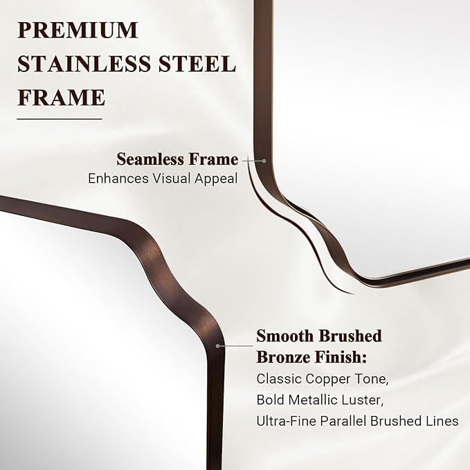 ANDY STAR 30"x48" Brushed Bronze Rectangle Mirror, Large Scalloped Bathroom - Image 4