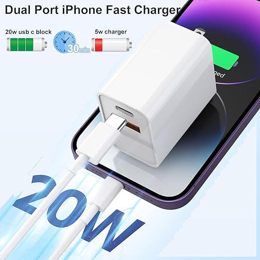 USB C Wall Charger, Dual Port 10FT iPhone Charger 20W PD+QC3.0 Power Adapter - Image 2