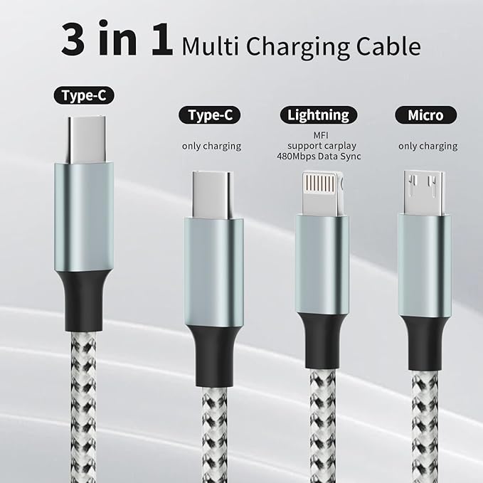 USB C Multi Charging Cable, 3 in 1 Charging Cable Nylon Braided Universal - Image 2