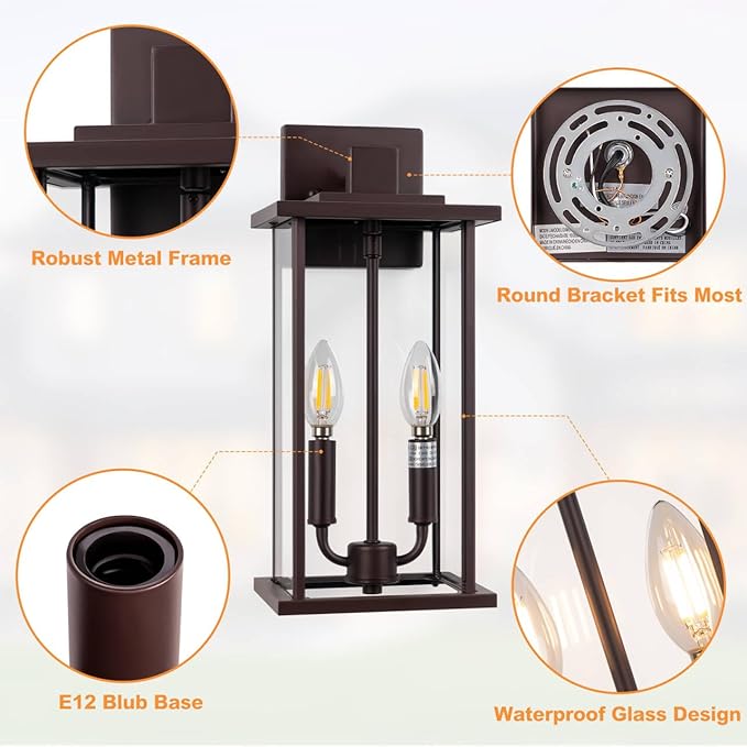 SIAFAVOI 2-Pack 16" Large Outdoor Wall Light Fixtures, 2-Light Exterior Front - Image 3
