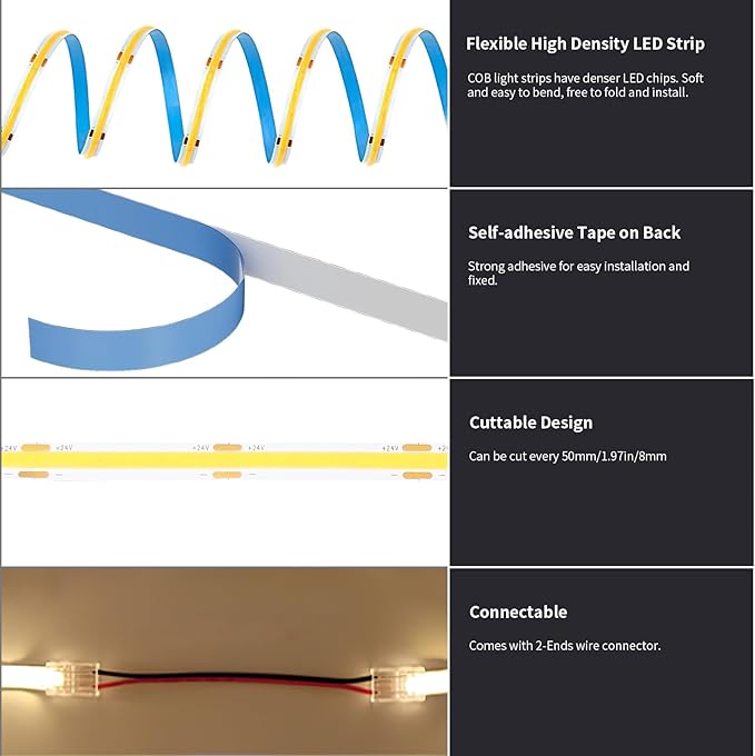 BUNACET COB LED Strip Light 20ft/6m Cool White 6500K High Lumen CRI 90+ - Image 5