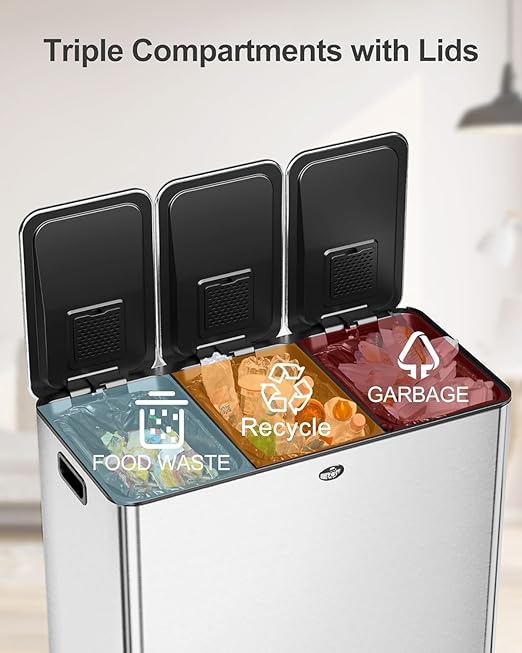 Garvee Trash Can, 15.9 gal Triple Compartments Stainless Steel Kitchen Trash Can - Image 2