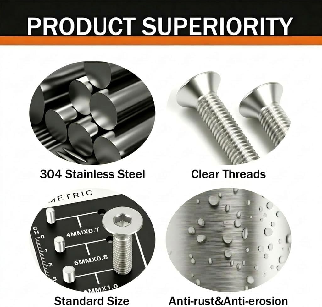M5 x 25mm (30 Pack) Flat Head Socket Cap Screws Countersunk Allen Bolts, 304 Stainless Steel 18-8, Fully Machine Thread, Bright Finish