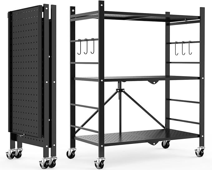 Himix Storage Shelves with 6 Hooks, 3 Tier Foldable Shelf with Wheels, Metal by Himix