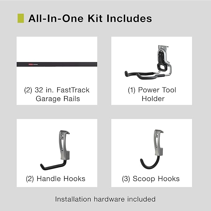 Rubbermaid Garage FastTrack 8-Piece Small Kit Black/Grey All-in-One Rail & Hook - Image 2