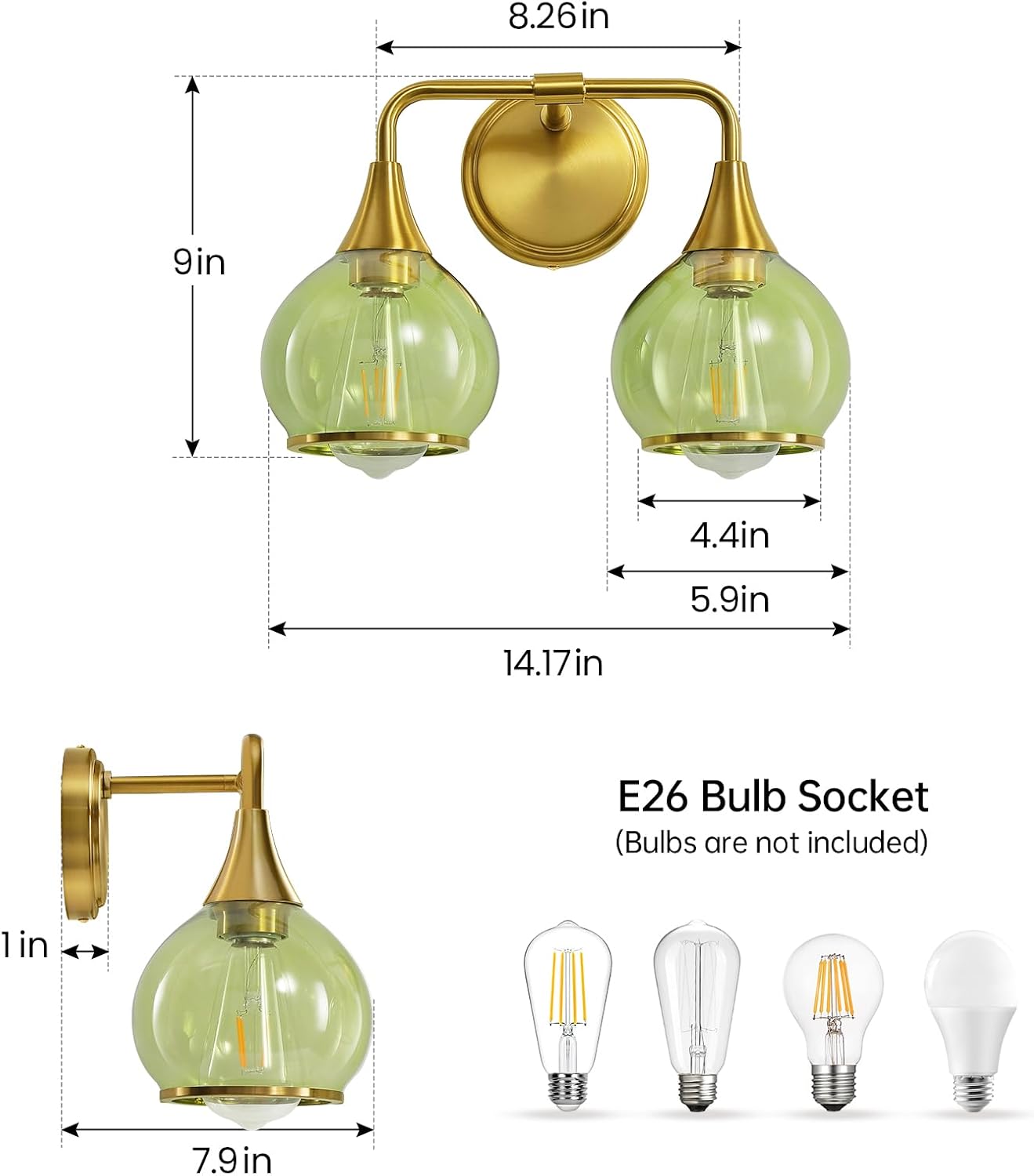 Brushed Gold Bathroom Vanity Light 2-Lights Bathroom Light Fixtures Over Mirror with Green Clear Glass Shade 14 inch Wall Sconce Lighting Bath(Exclude E26 Bulb)