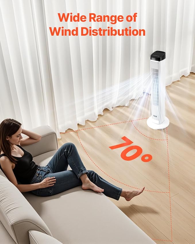 VEVOR Tower Fan, 22 ft/s Velocity Quiet Floor Fan, 70° Oscillating Fans - Image 5