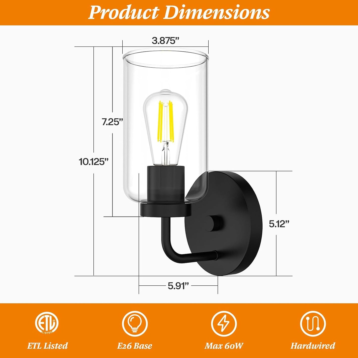 Zevluck Wall Sconces Set of 2, Modern Wall Light Fixtures with Clear Glass Shade, Matte Black Bathroom Vanity Light, Hardwired Vanity Wall Lamps for Bathroom, Bedroom, Living Room, Stairs, Hallway