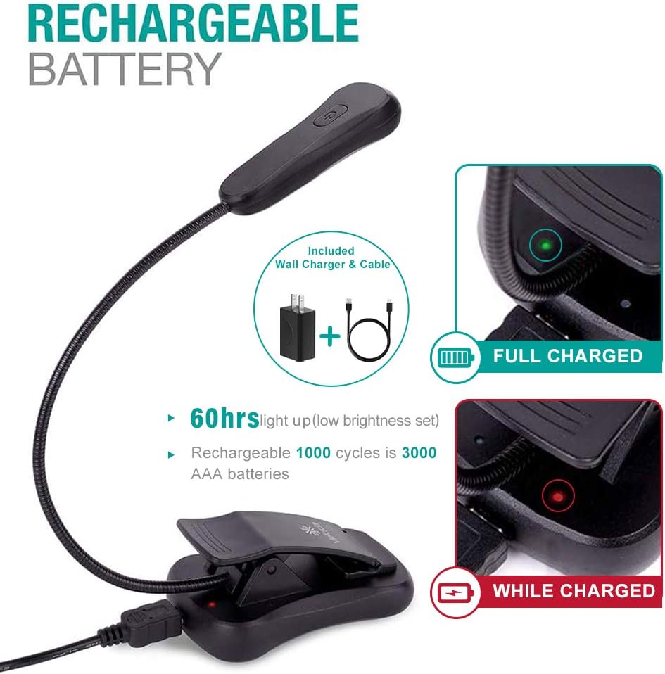 Vekkia Book Light Set with Charger, Clip on Reading Light in Bed | 3 Brightness,Up to 60 Hrs, Rechargeable,Eye-Care Warm LED for Read Before Bed (Incl Travel Case, Cable)