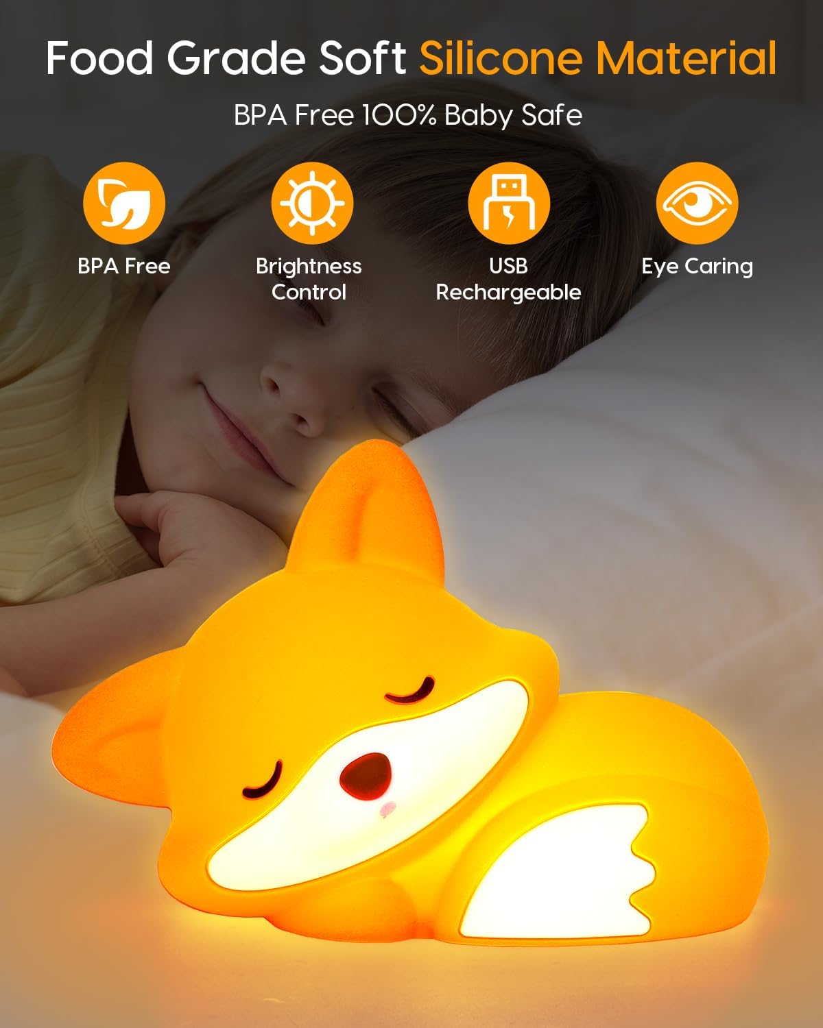 Amaredom Fox Night Light, Cute Fox Lamp, Silicone Dimmable Nursery Nightlight, Rechargeable LED Bedside Lamp with 20 Minutes Timer & Tap Control for Bedrooms, Living Room